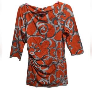 J. McLaughlin Abstract Catalina Cloth 3/4 Sleeve Tunic Shirt Ruched Size M